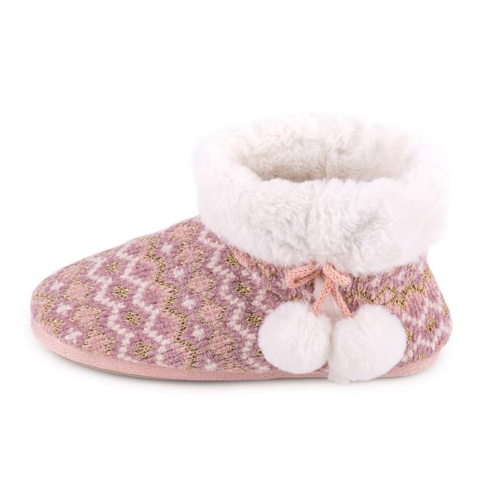 totes Ladies Fair Isle Knitted Boot Slipper Pink Multi